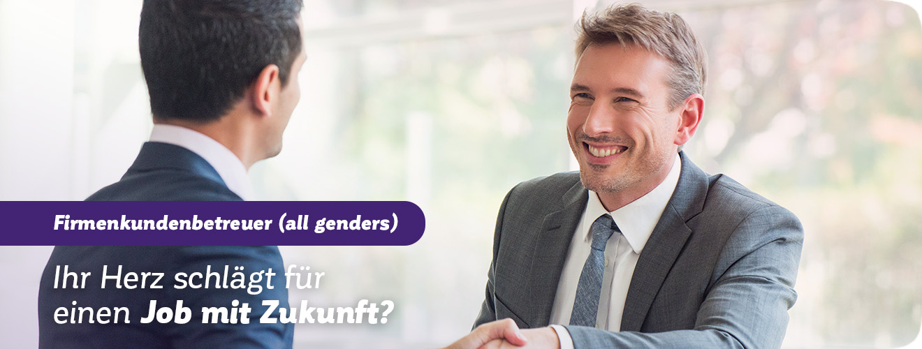 Zwei Herren lächeln sich an. Slogan: „Ihr Herz schlägt für einen Job mit Zukunft?“